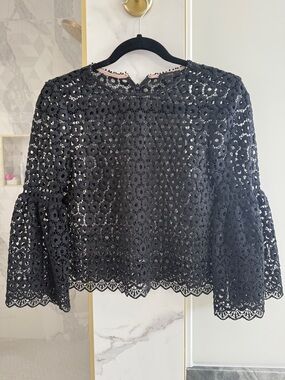 J. Crew Black Lace Bell-Sleeve Top 0p
